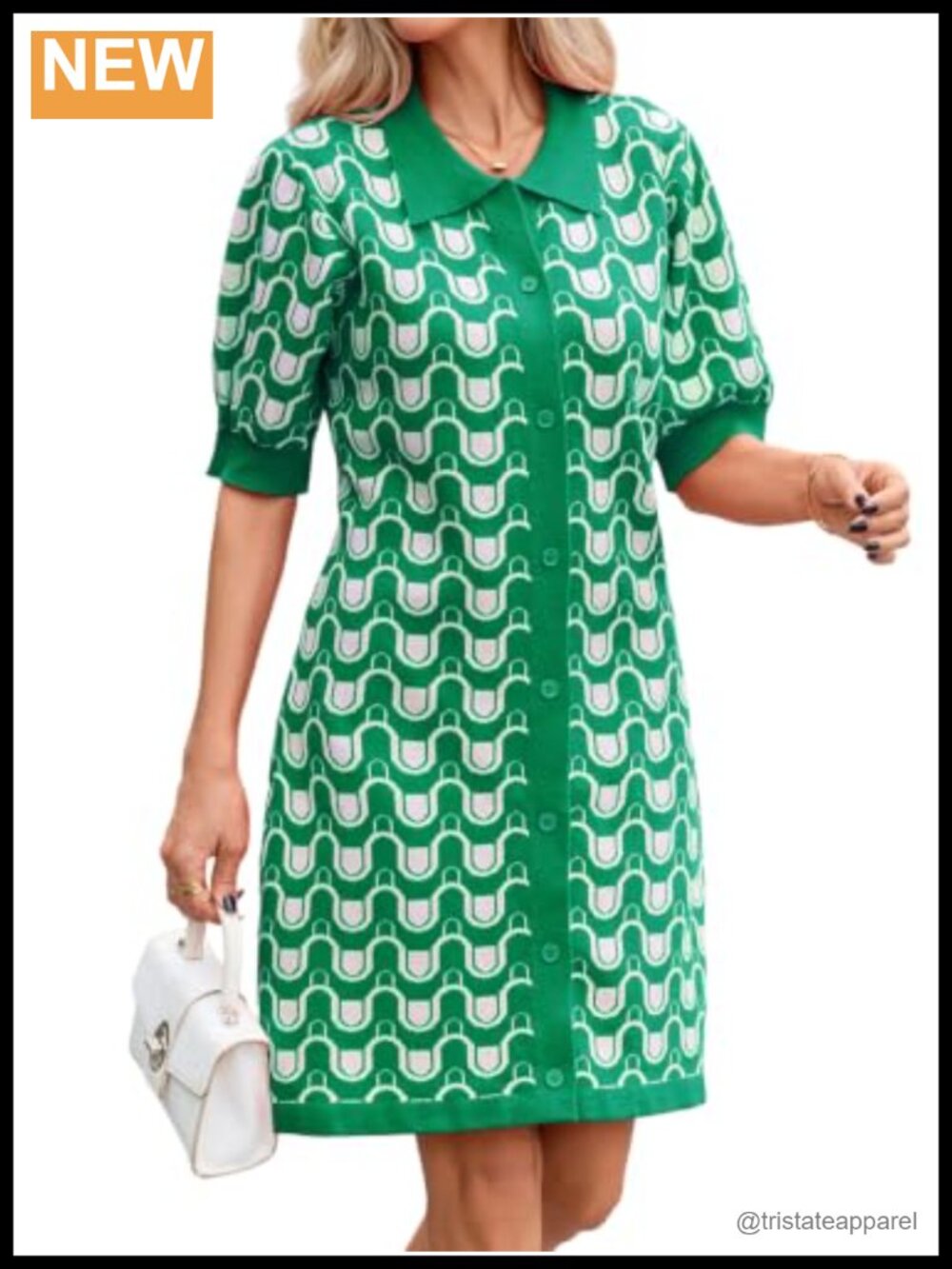 Jacquard Knit Sweater Mini Dress Short Puff Sleeve A-Line Tunic